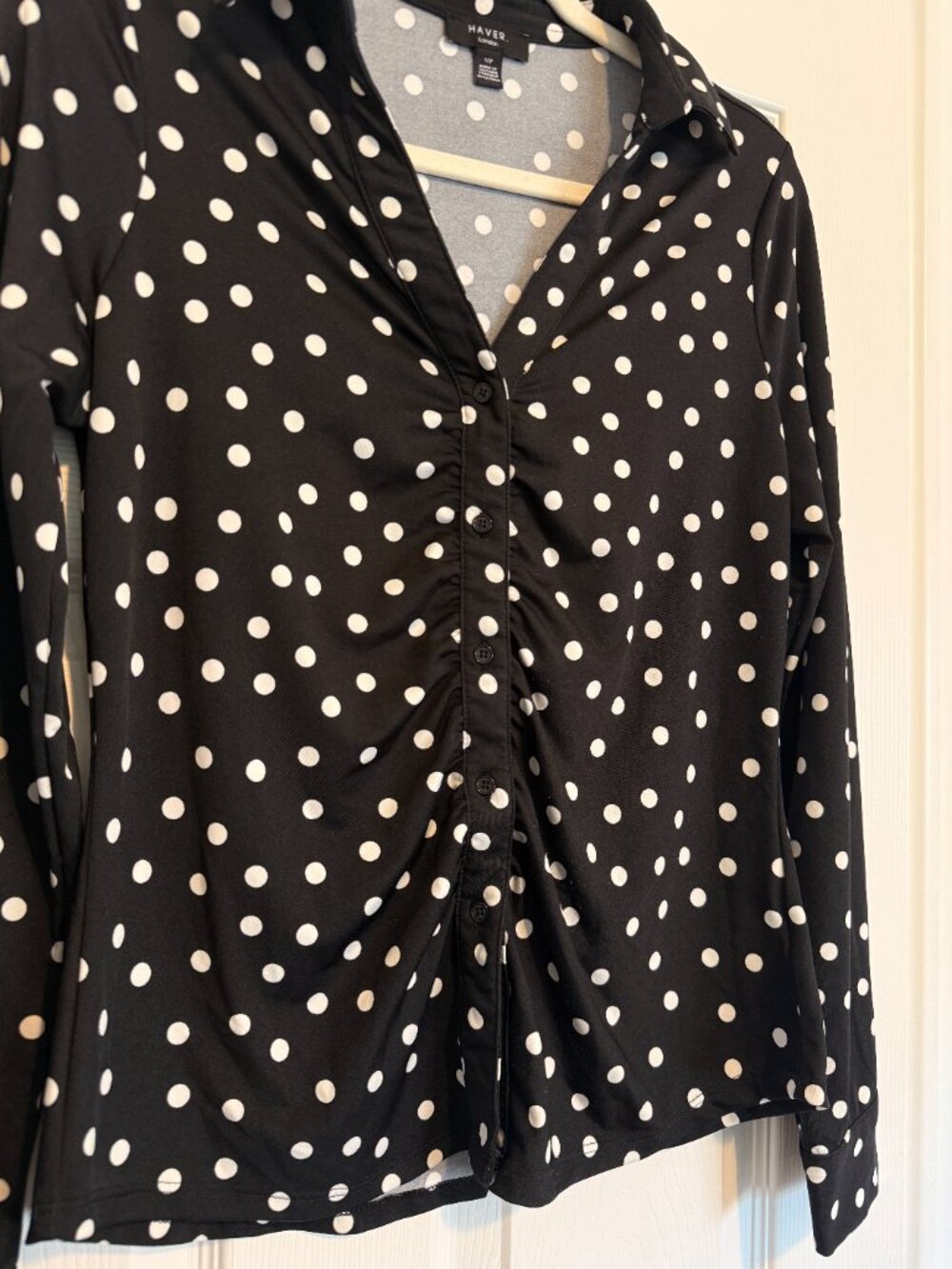 Haver London Black White Polka Dot Ruched Front Stretch Button Up Shirt S - Picture 2 of 6